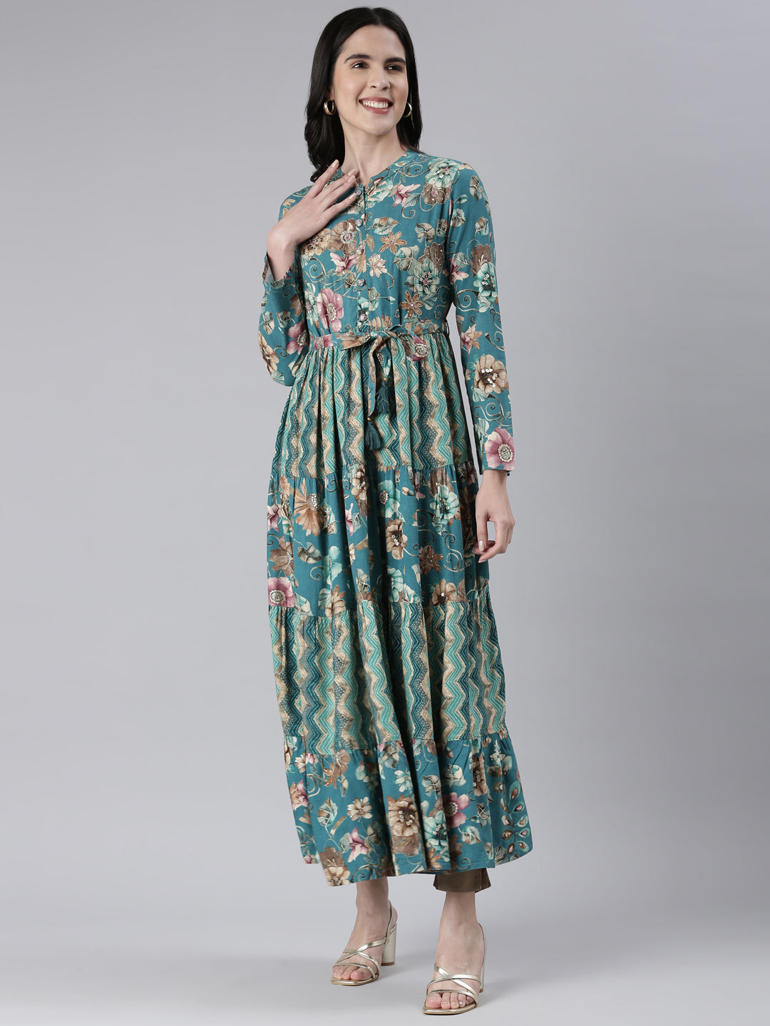 Neerus Green Maxi Casual Printed Dresses