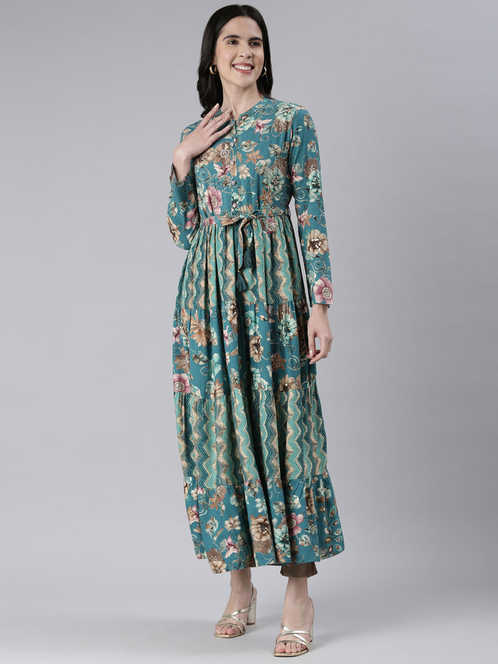 Neerus Green Maxi Casual Printed Dresses