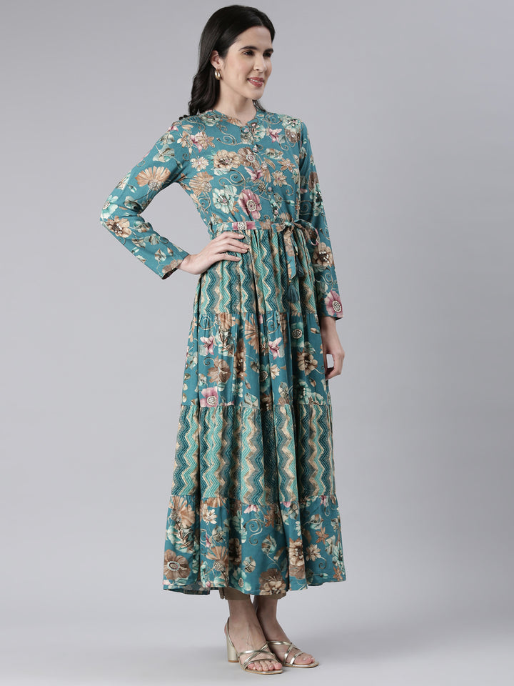 Neerus Green Maxi Casual Printed Dresses