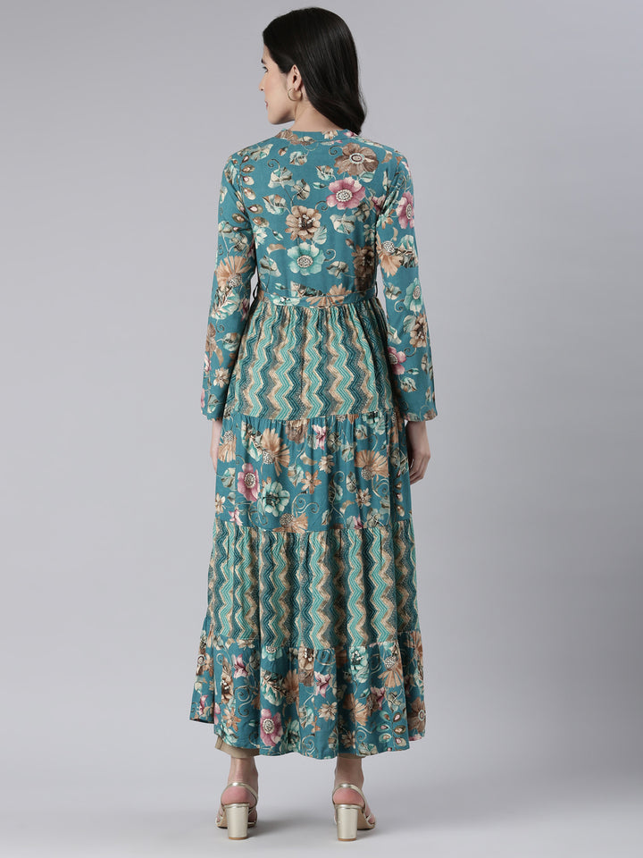 Neerus Green Maxi Casual Printed Dresses