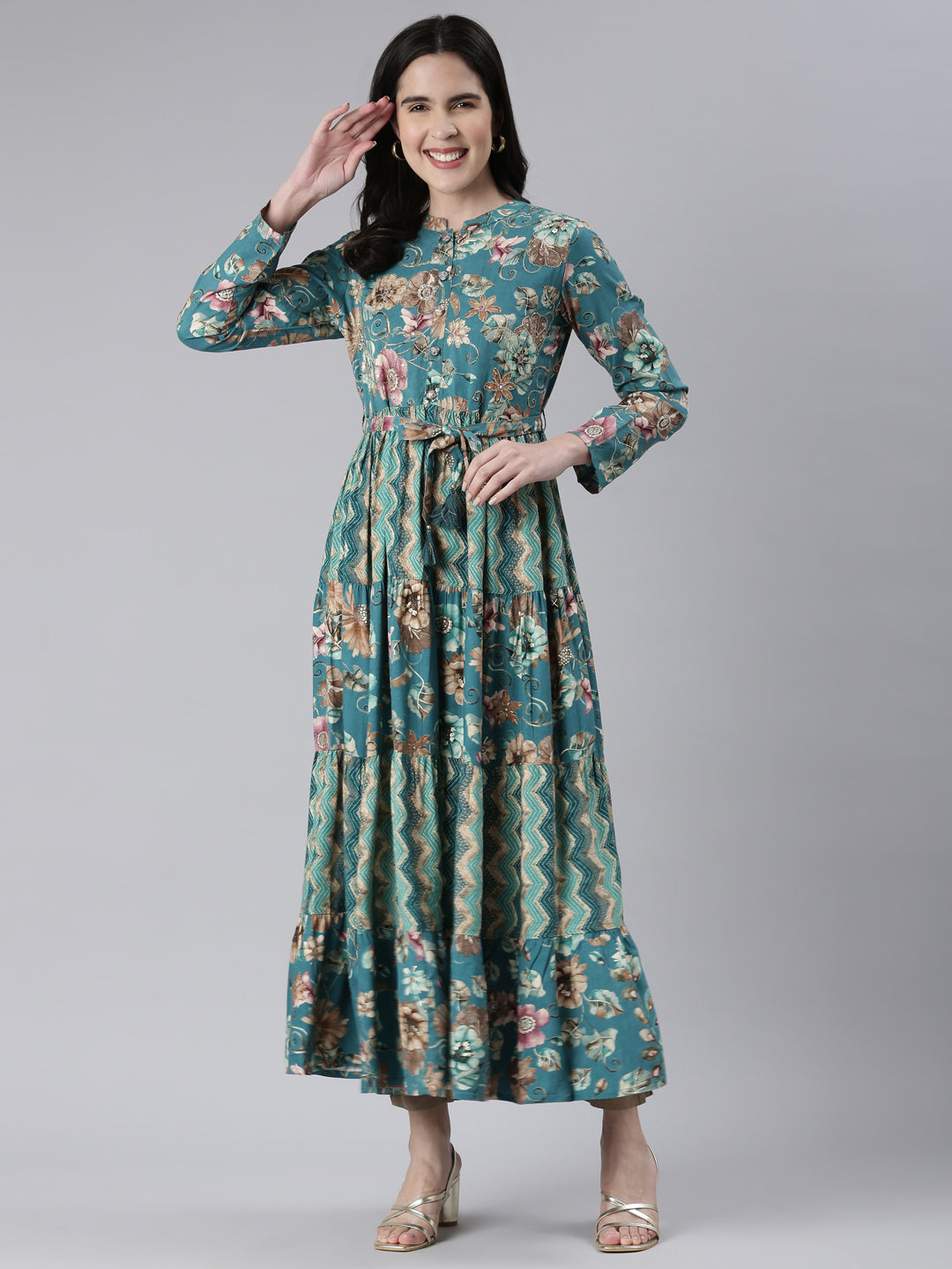 Neerus Green Maxi Casual Printed Dresses