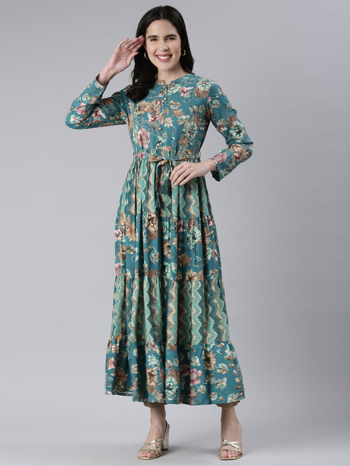 Neerus Green Maxi Casual Printed Dresses