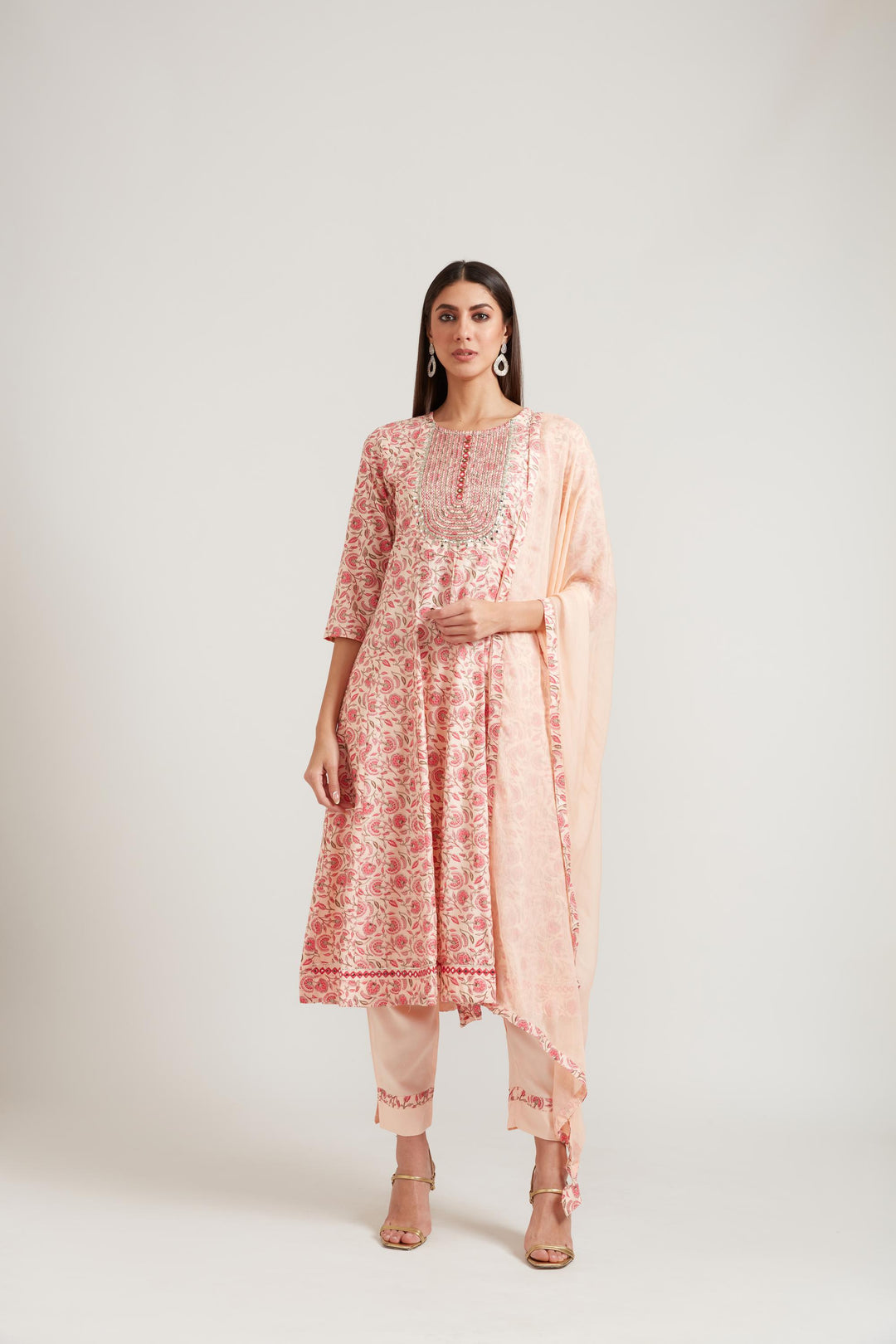 Neerus Orange cotton suit set - front view