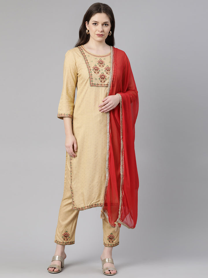 Neerus Beige Regular Knee Length Printed Readymade Suits
