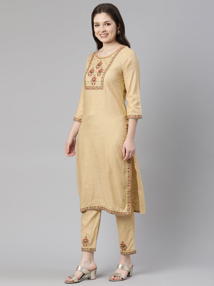 Neerus Beige Regular Knee Length Printed Readymade Suits