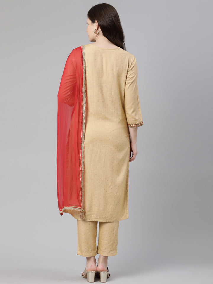 Neerus Beige Regular Knee Length Printed Readymade Suits