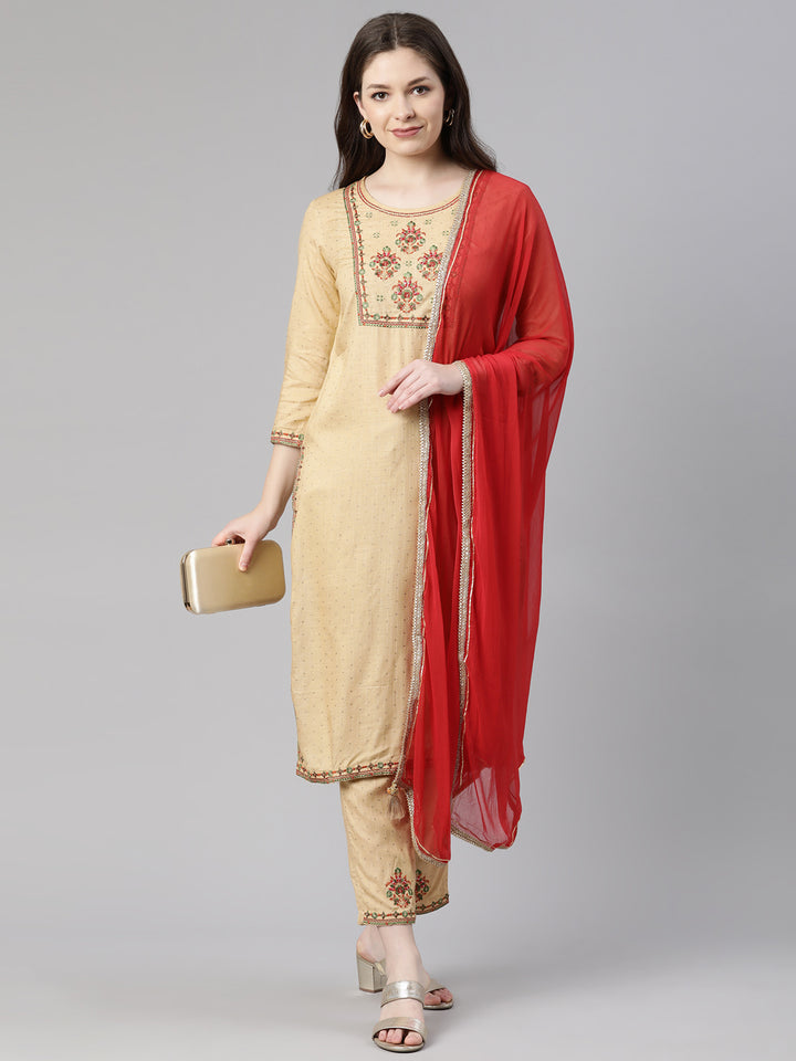 Neerus Beige Regular Knee Length Printed Readymade Suits