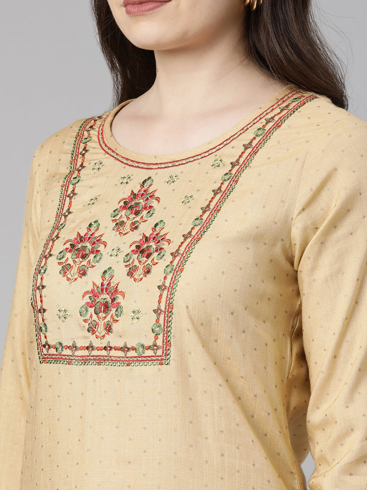 Neerus Beige Regular Knee Length Printed Readymade Suits