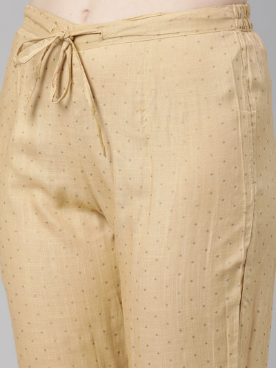 Neerus Beige Regular Knee Length Printed Kurta Solid Trousers With Dupatta