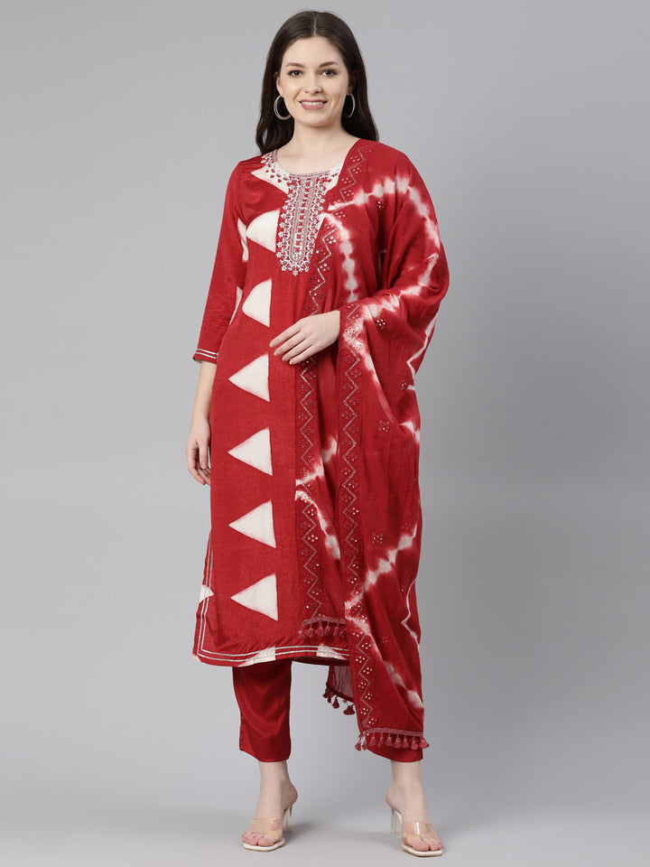 Neerus Red Regular Knee Length Solid Kurta Solid Trousers With Dupatta