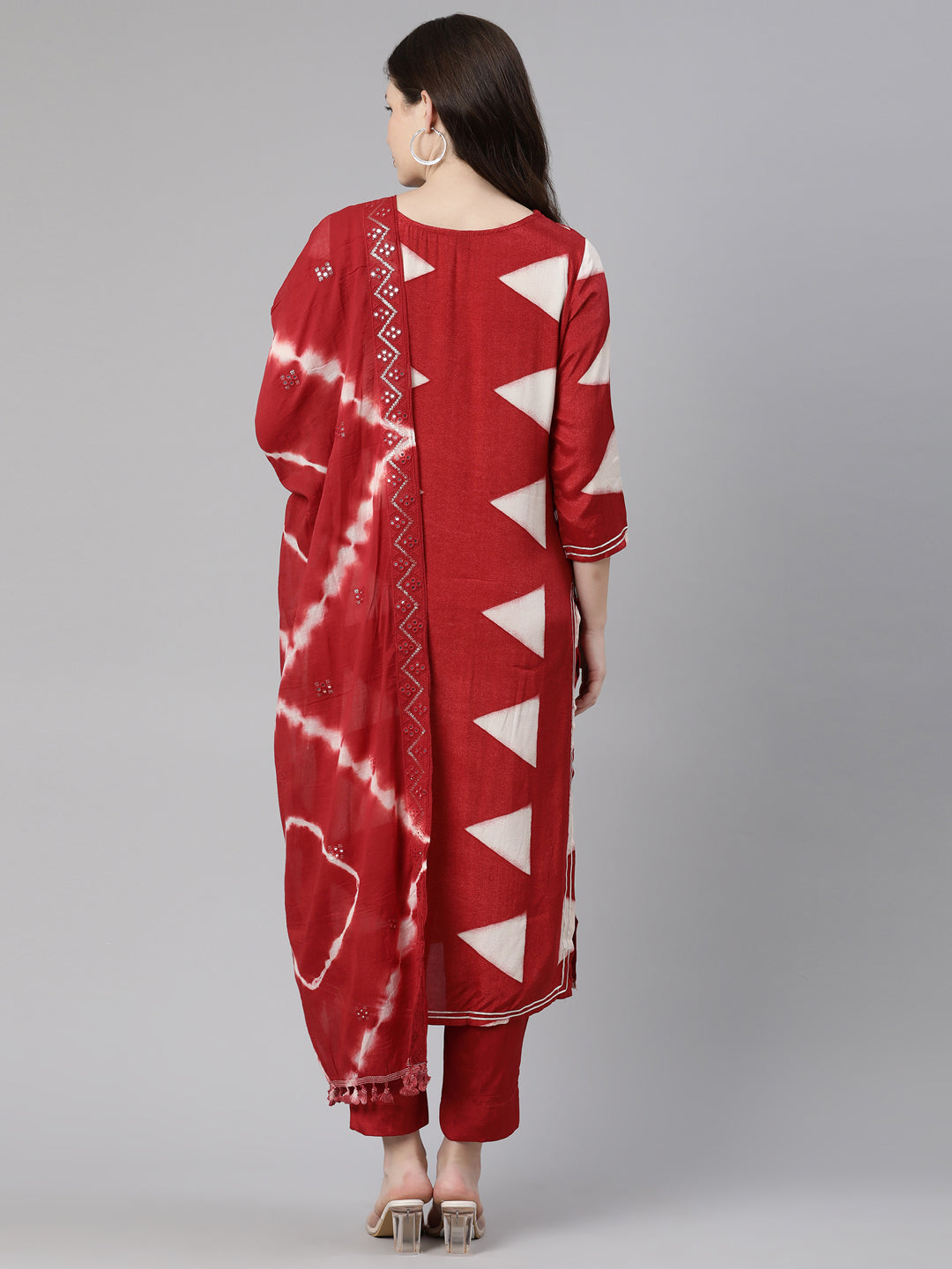 Neerus Red Regular Knee Length Solid Kurta Solid Trousers With Dupatta