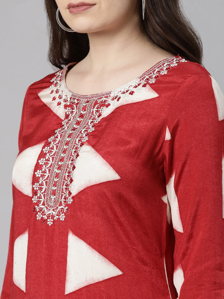 Neerus Red Regular Knee Length Solid Kurta Solid Trousers With Dupatta
