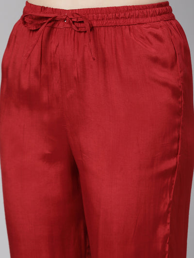 Neeru's Red Regular Knee Length Solid Kurta Solid Trousers With Dupatta