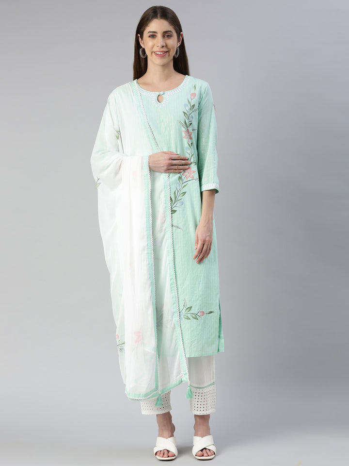 Neerus Green printed kurta set with trouser and dupatta - front view