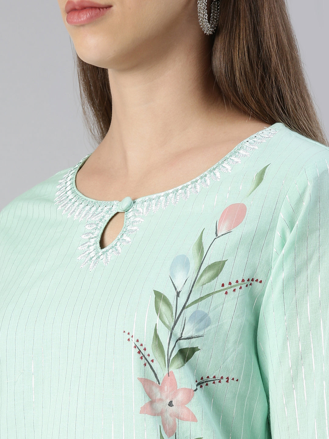 Neerus Green printed kurta set with trouser and dupatta - detail view 1