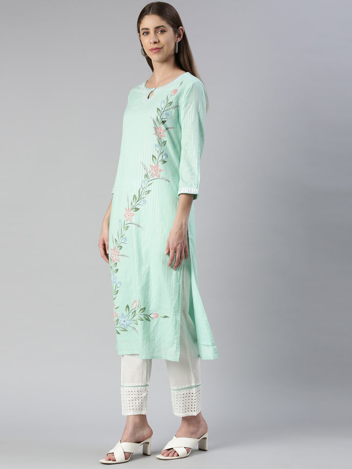 Neerus Green printed kurta set with trouser and dupatta - back view
