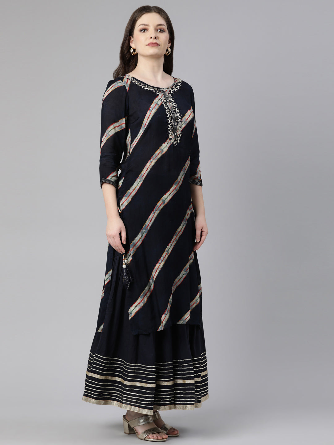 Neerus Navy Blue Regular Calf Length Solid Kurta Solid Sharara With Dupatta