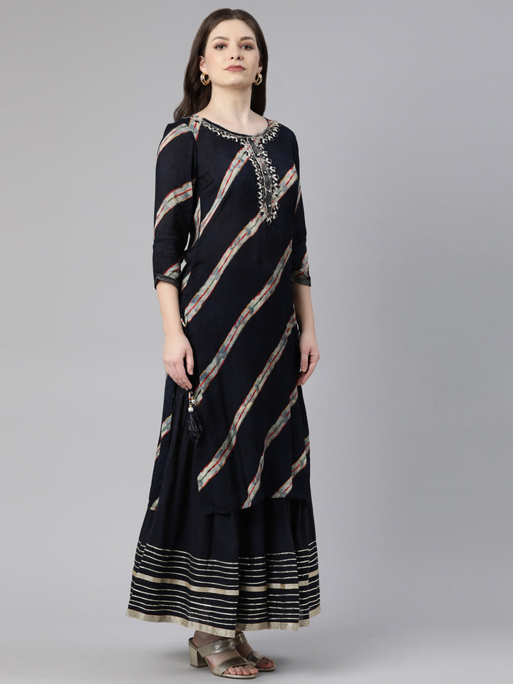Neerus Navy Blue Regular Calf Length Solid Kurta Solid Sharara With Dupatta