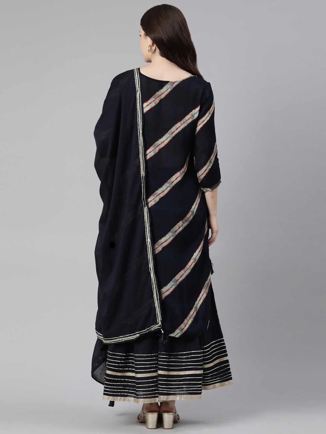 Neerus Navy Blue Regular Calf Length Solid Kurta Solid Sharara With Dupatta
