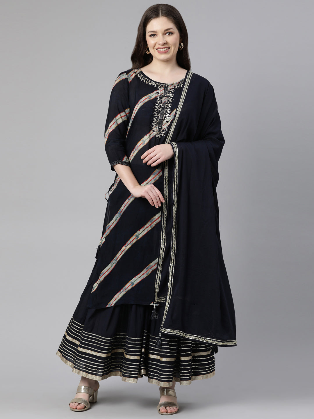 Neerus Navy Blue Regular Calf Length Solid Kurta Solid Sharara With Dupatta