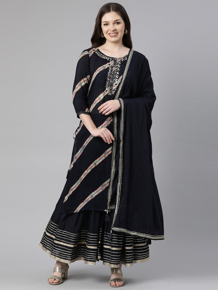 Neerus Navy Blue Regular Calf Length Solid Kurta Solid Sharara With Dupatta