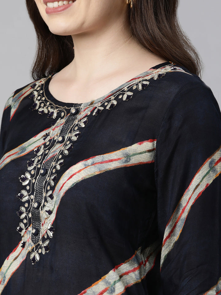 Neerus Navy Blue Regular Calf Length Solid Kurta Solid Sharara With Dupatta