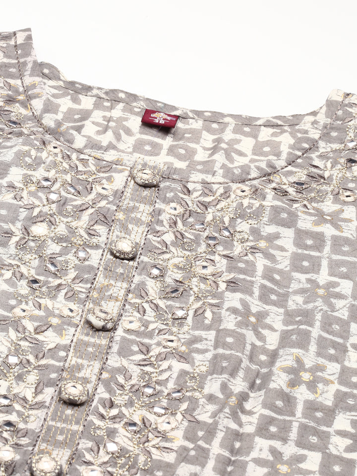Neerus Grey Regular Knee Length Printed Kurta Printed Trousers Na