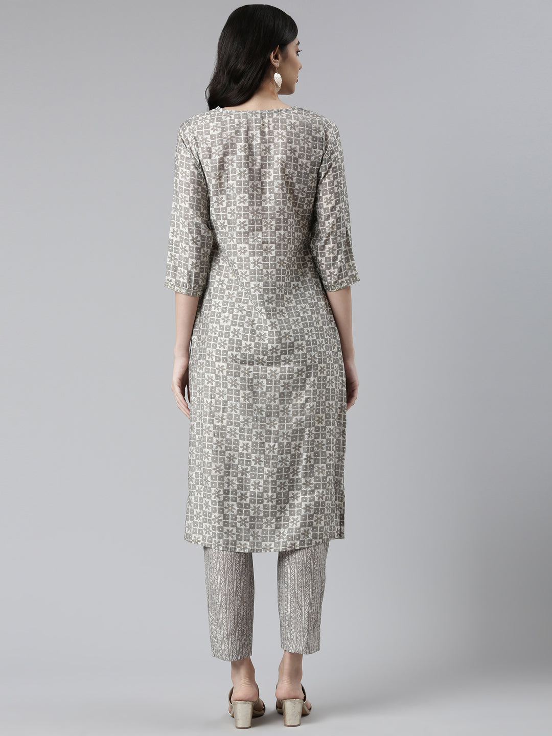 Neerus Grey Regular Knee Length Printed Kurta Printed Trousers Na