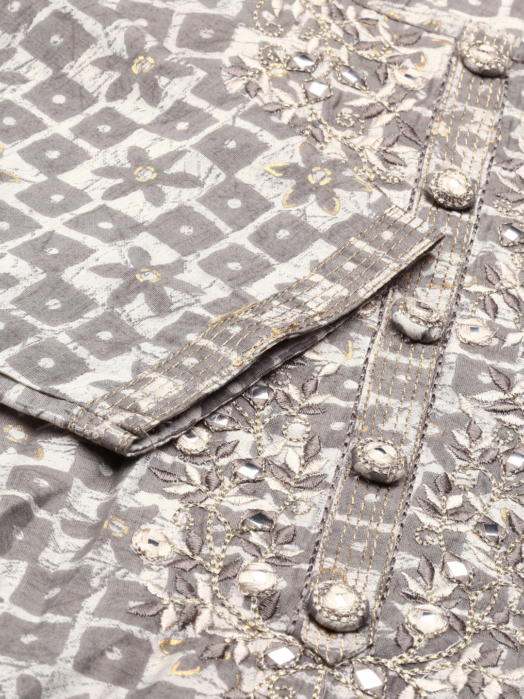 Neerus Grey Regular Knee Length Printed Kurta Printed Trousers Na