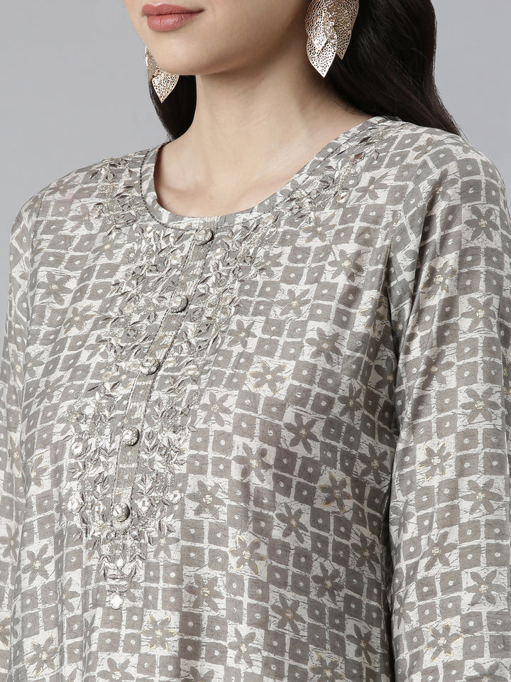 Neerus Grey Regular Knee Length Printed Kurta Printed Trousers Na