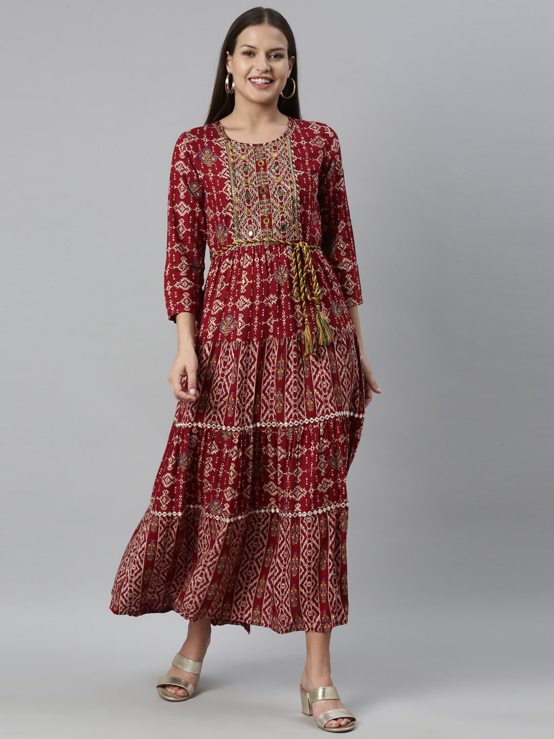 Neerus Maroon rayon straight kurta - front view