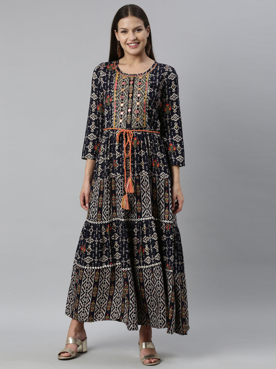 Neerus Navy Blue Color Slub Rayon Fabric Kurta