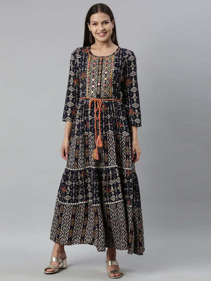 Neerus Navy Blue Color Slub Rayon Fabric Kurta