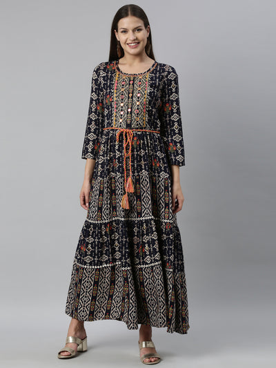 Neeru'S Navy Blue Color Slub Rayon Fabric Kurta
