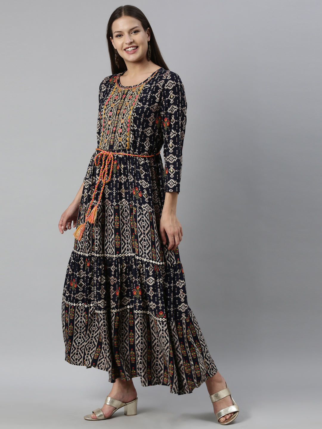 Neerus Navy Blue Color Slub Rayon Fabric Kurta