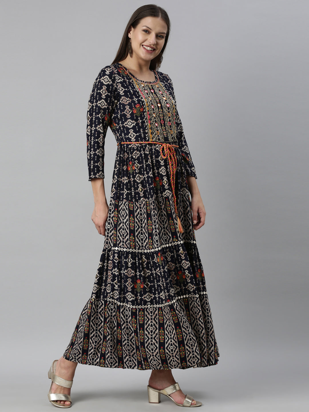 Neerus Navy Blue Color Slub Rayon Fabric Kurta