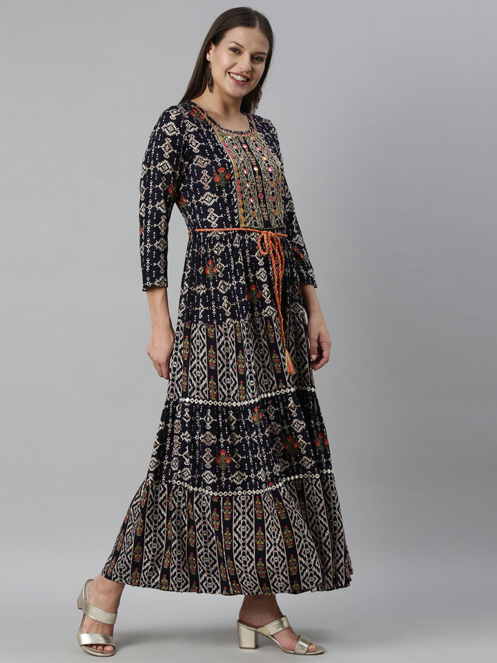 Neerus Navy Blue Color Slub Rayon Fabric Kurta