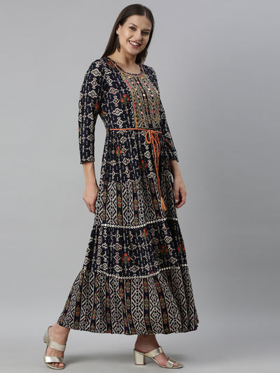 Neeru'S Navy Blue Color Slub Rayon Fabric Kurta