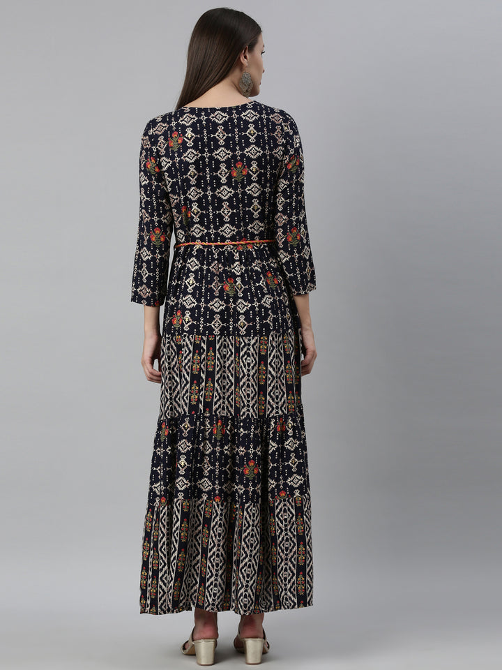 Neerus Navy Blue Color Slub Rayon Fabric Kurta