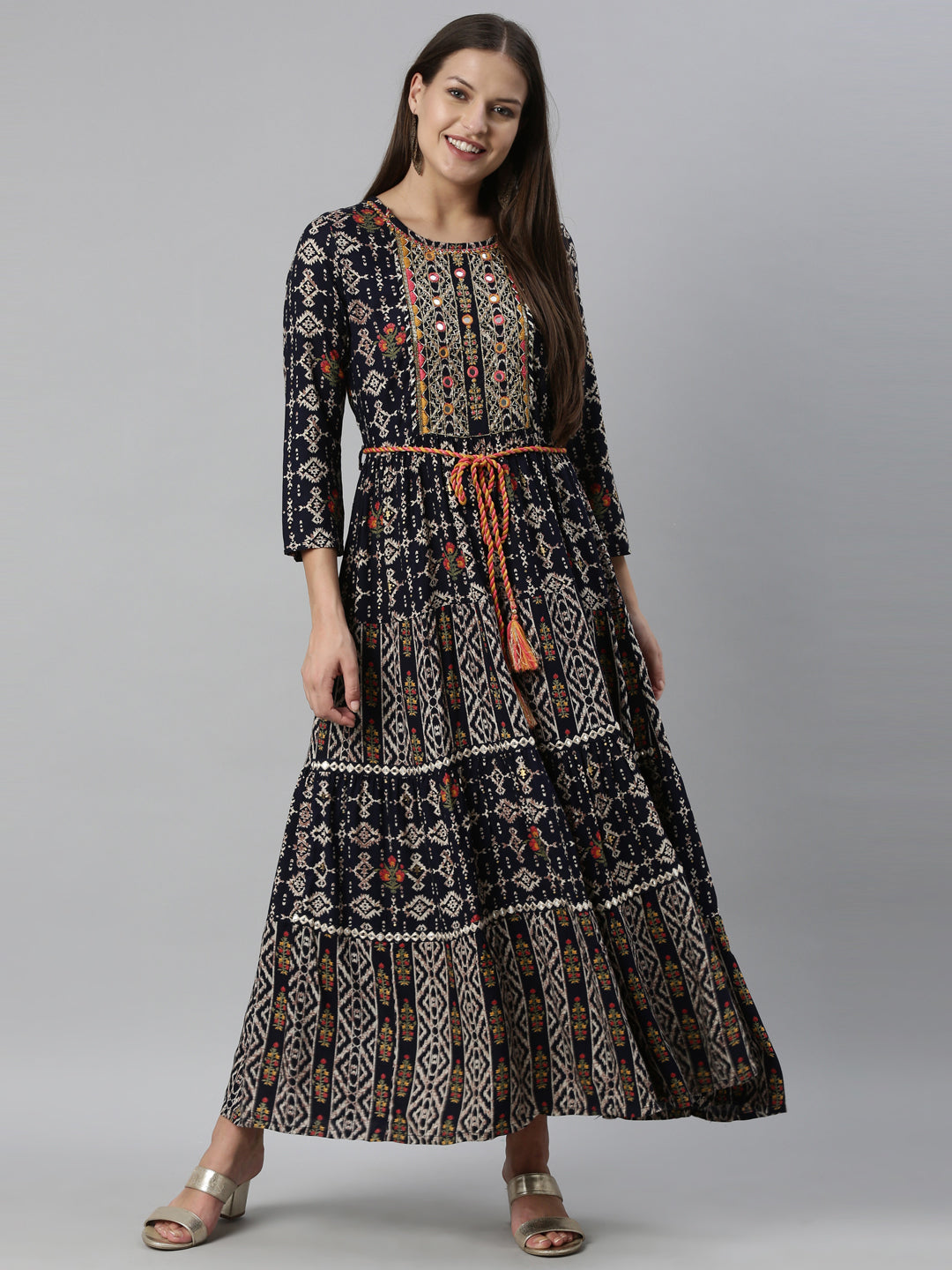 Neerus Navy Blue Color Slub Rayon Fabric Kurta