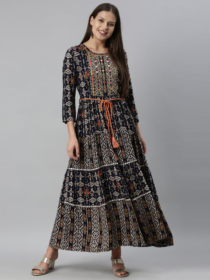 Neerus Navy Blue Color Slub Rayon Fabric Kurta