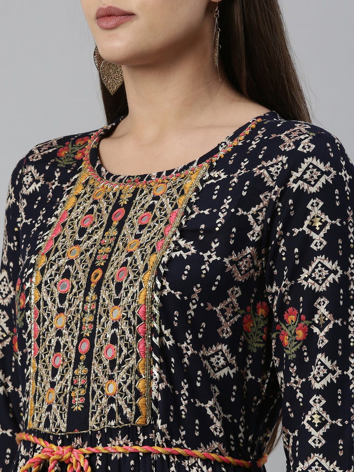 Neerus Navy Blue Color Slub Rayon Fabric Kurta