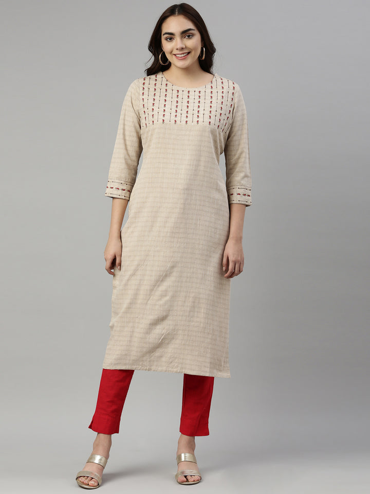 Neerus Beige Color Cotton Fabric Kurta