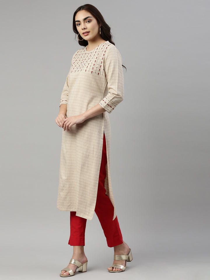 Neerus Beige Color Cotton Fabric Kurta