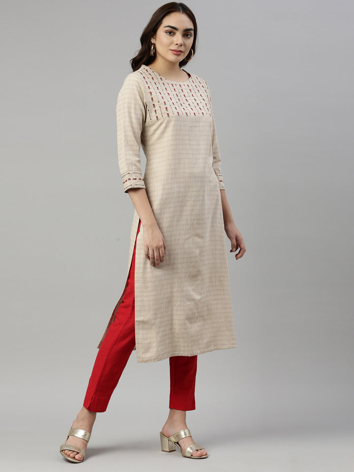 Neerus Beige Color Cotton Fabric Kurta