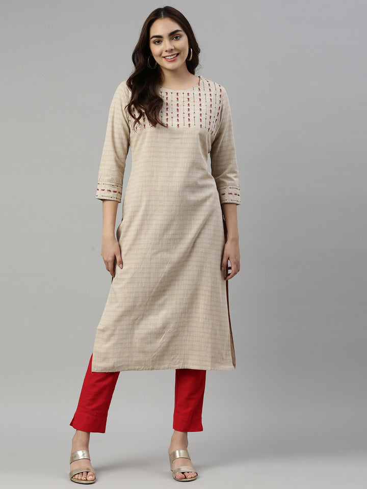 Neerus Beige Color Cotton Fabric Kurta