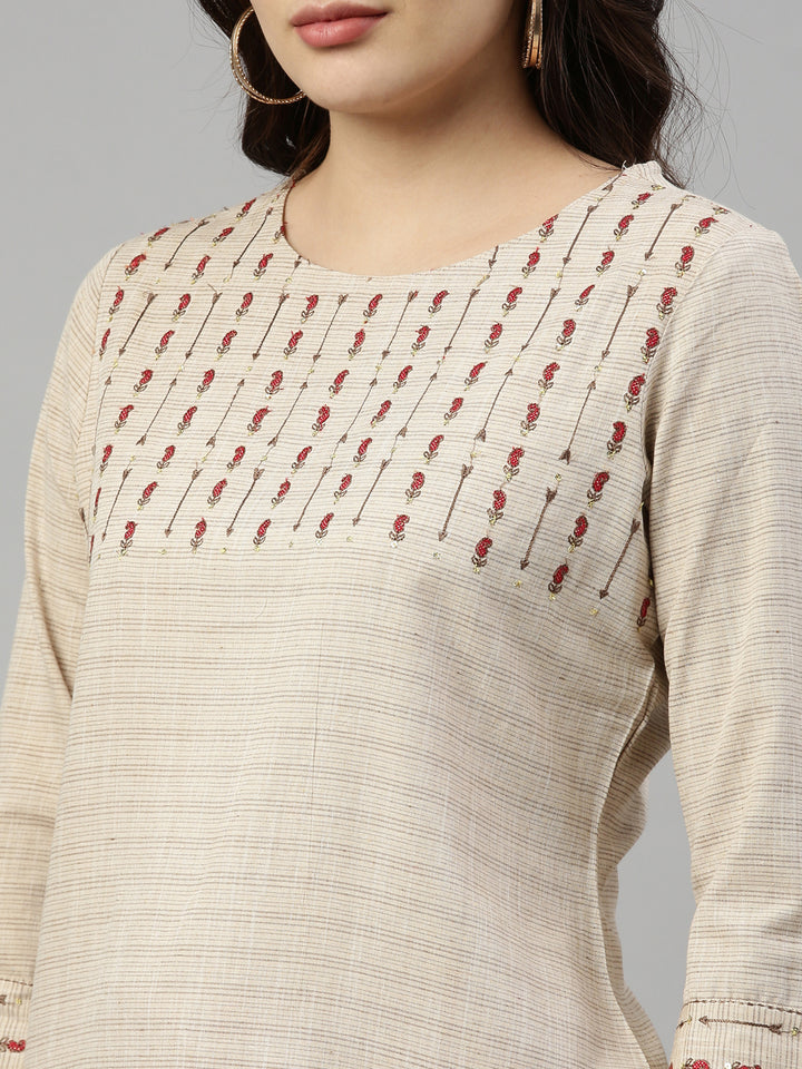 Neerus Beige Color Cotton Fabric Kurta