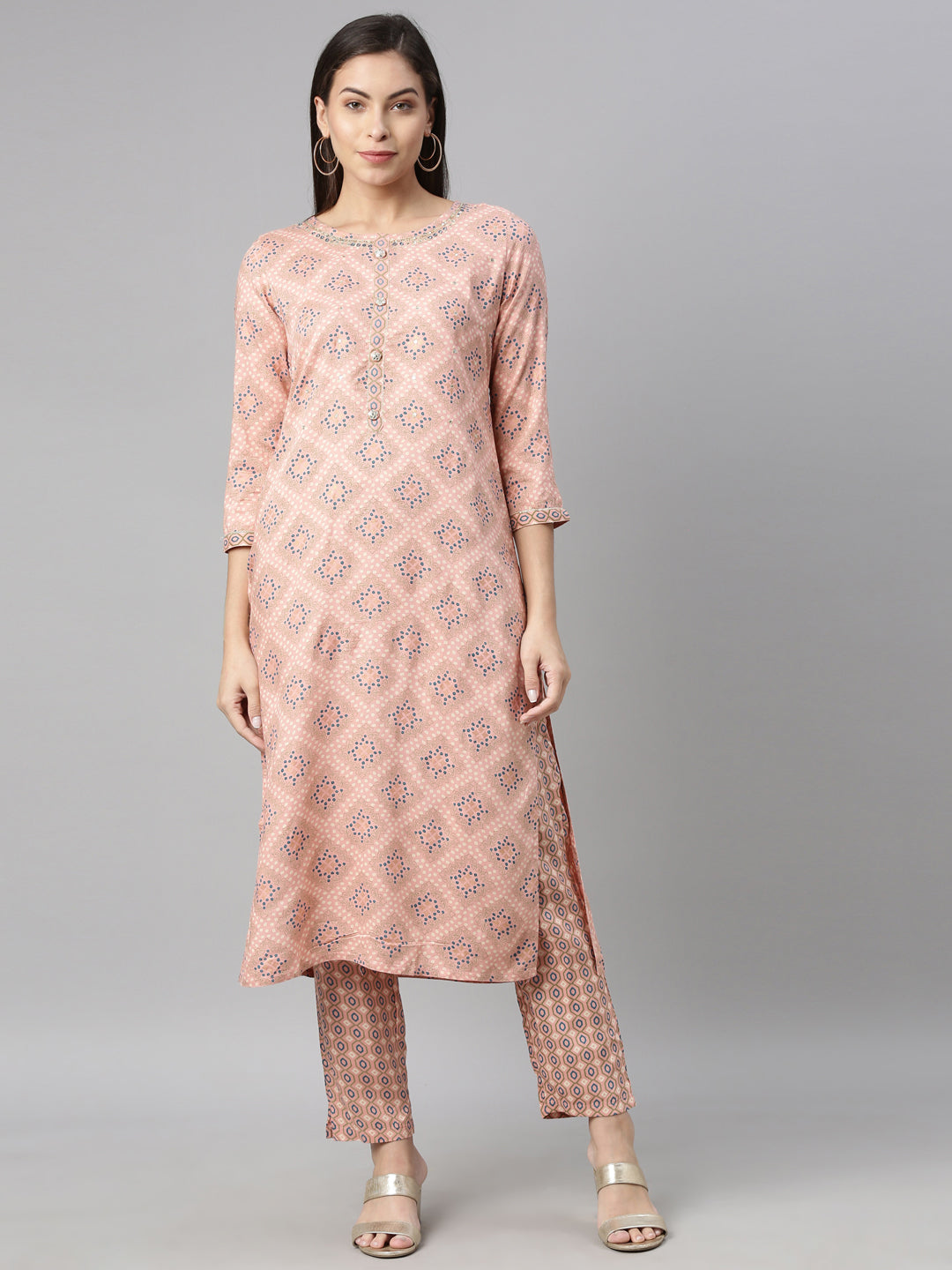 Neerus Pink viscose rayon printed kurti - front view