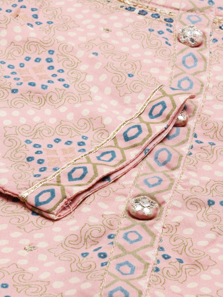 Neerus Pink viscose rayon printed kurti - detail view 4