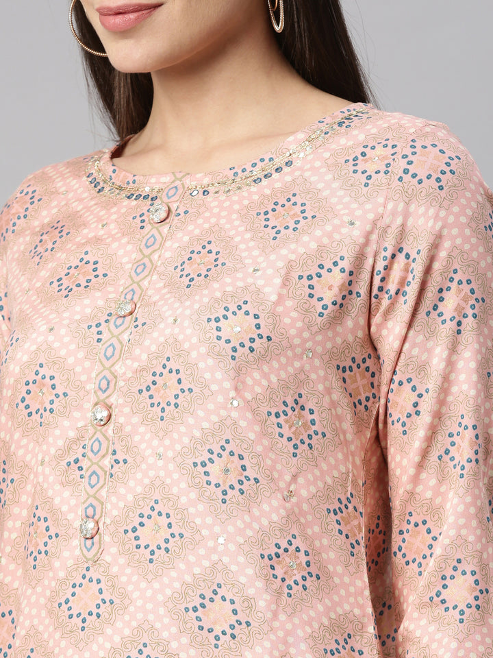 Neerus Pink viscose rayon printed kurti - detail view 5